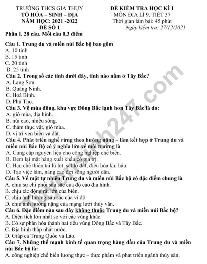 De kiem tra hoc ki 1 lop 9 nam 2022 mon Dia - THCS Gia Thuy