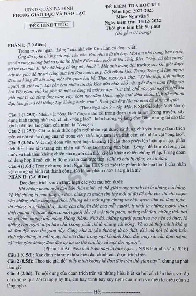 De thi cuoi ki 1 lop 9 mon Van nam 2022 - Quan Ba Dinh
