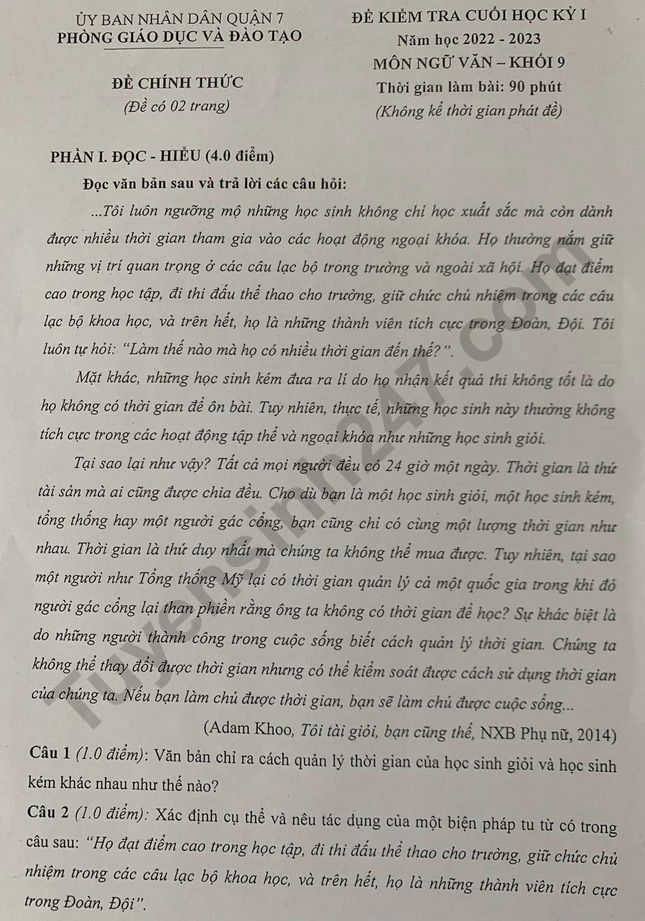 De thi cuoi ki 1 mon Van lop 9 nam 2022 - Quan 7