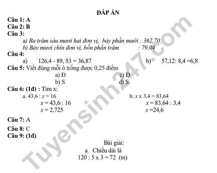 De kiem tra cuoi hoc ki 1 mon Toan lop 5 - TH Bai Thom nam 2022