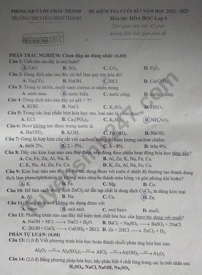 De thi hoc ki 1 mon Hoa lop 9 - Phong GDDT Chau Thanh nam 2022