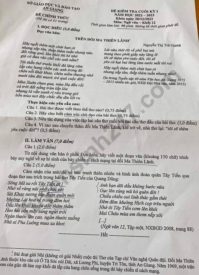 De thi mon Van hoc ki 1 lop 12 nam 2022 - So GD An Giang