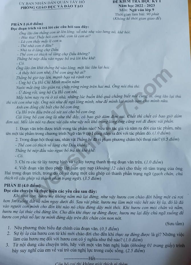 De thi ki 1 lop 9 mon Van 2022 - Quan Tay Ho