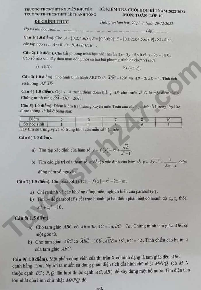 De thi hoc ki 1 lop 10 nam 2022 mon Toan TH - THCS - THPT Le Thanh Tong