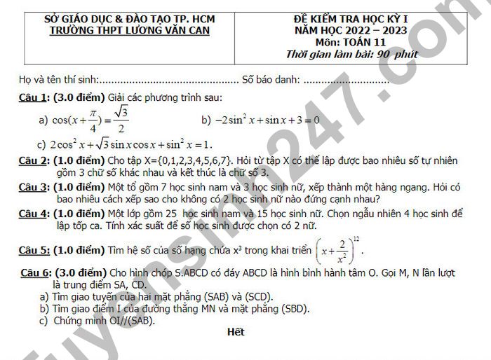 De thi ki 1 mon Toan lop 11 THPT Luong Van Can 2022 (Co dap an)