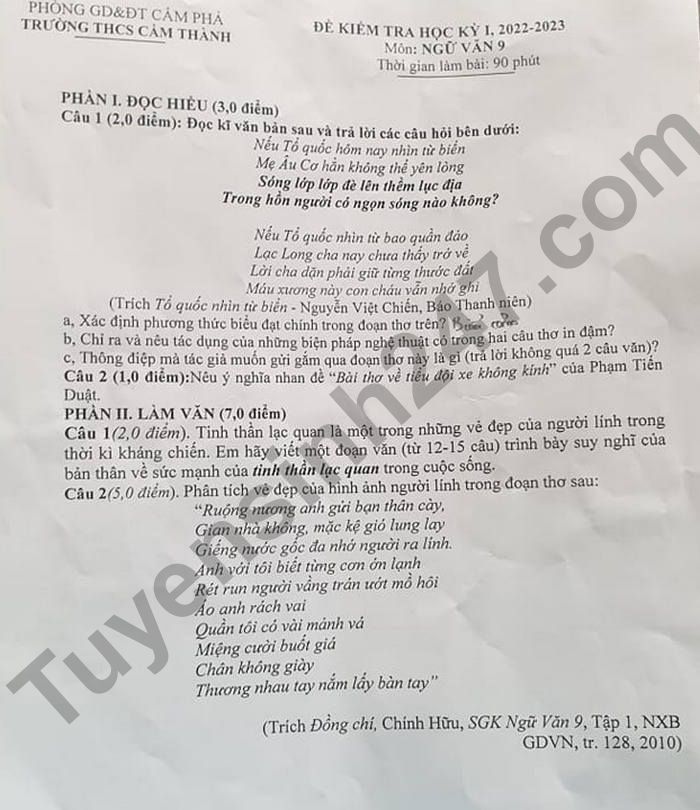 De kiem tra ki 1 mon Van lop 9 nam 2022 - THCS Cam Thanh