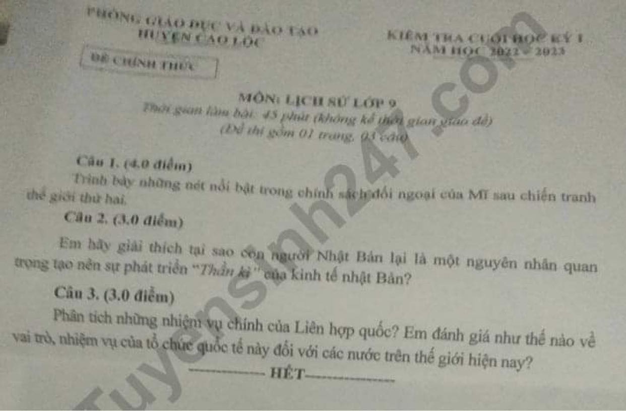 De thi ki 1 lop 9 mon Lich Su nam 2022 Phong GD huyen Cao Loc