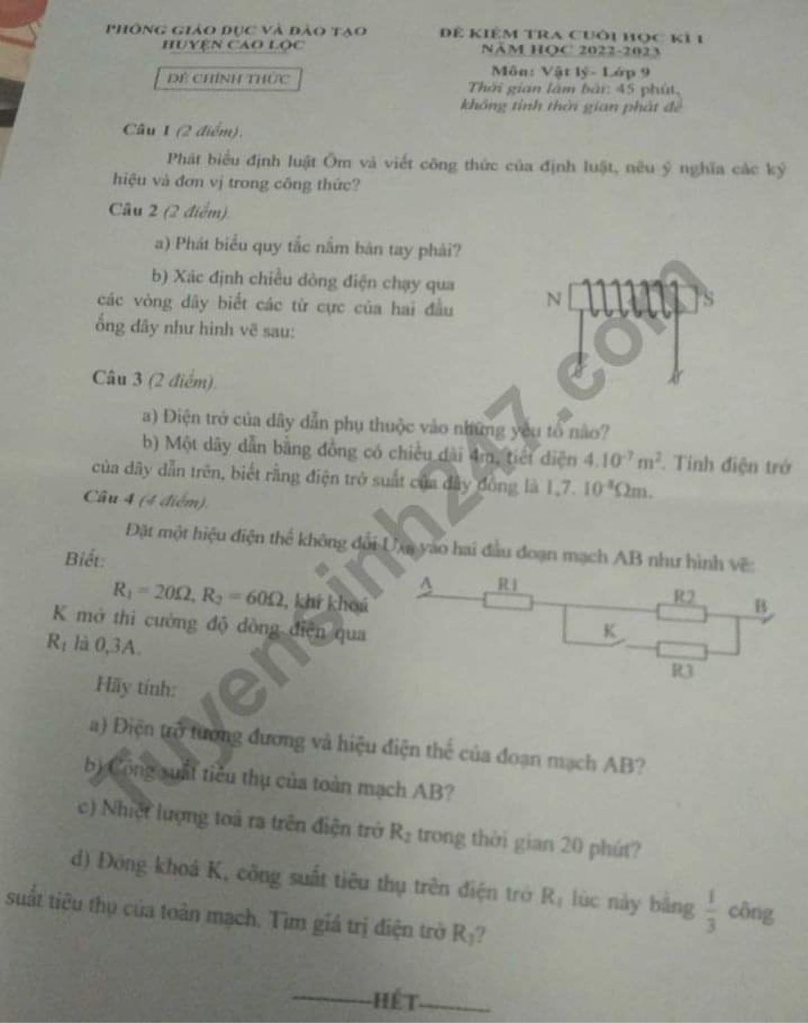 De thi ki 1 lop 9 mon Ly nam 2022 phong GD&DT huyen Cao Loc