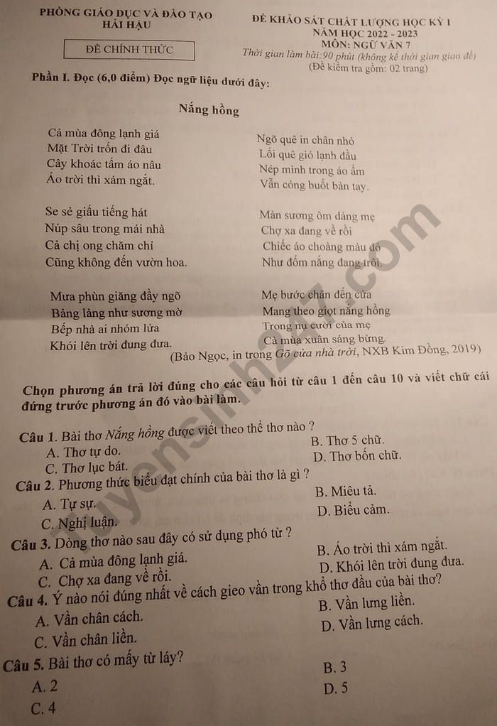 De thi ki 1 mon Van lop 7 nam 2022 - Phong GD Hai Hau