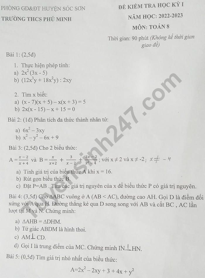 De thi ki 1 mon Toan lop 8 nam 2022 - THCS Phu Minh