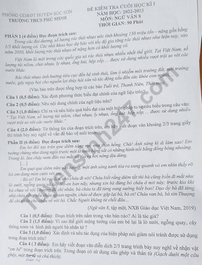 De thi hoc ki 1 mon Van lop 8 - THCS Phu Minh 2022