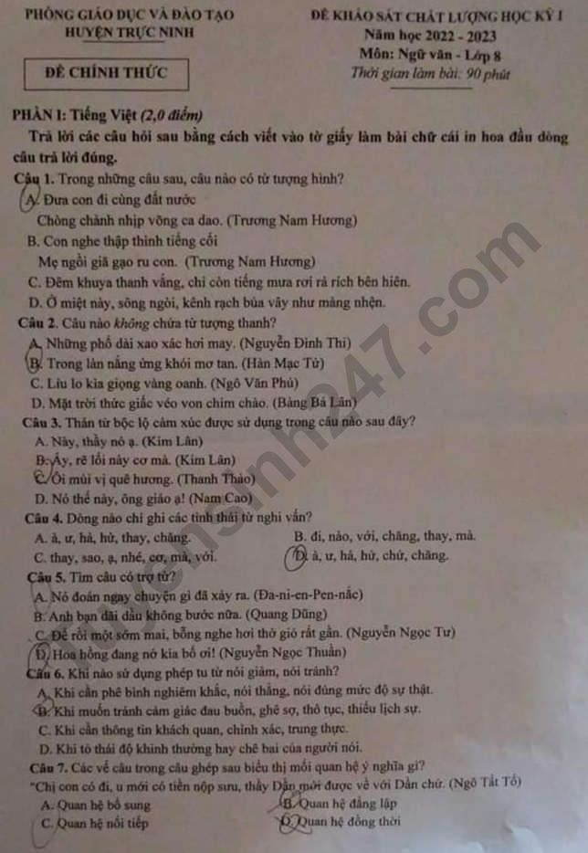 De thi ki 1 lop 8 mon Van - Phong GD Truc Ninh 2022