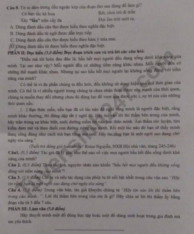 De thi ki 1 lop 8 mon Van - Phong GD Truc Ninh 2022