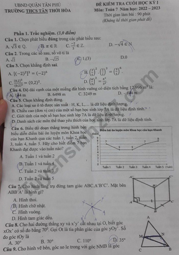 De thi cuoi ki 1 mon Toan lop 7 - THCS Tan Thoi Hoa nam 2022