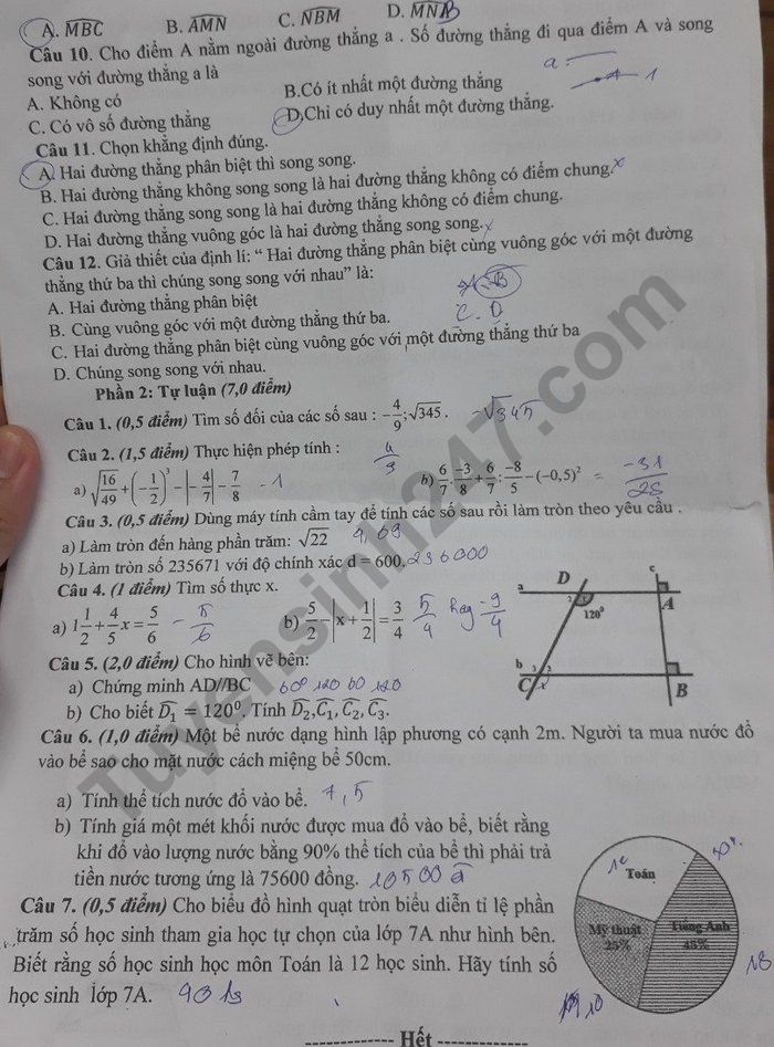 De thi cuoi ki 1 mon Toan lop 7 - THCS Tan Thoi Hoa nam 2022