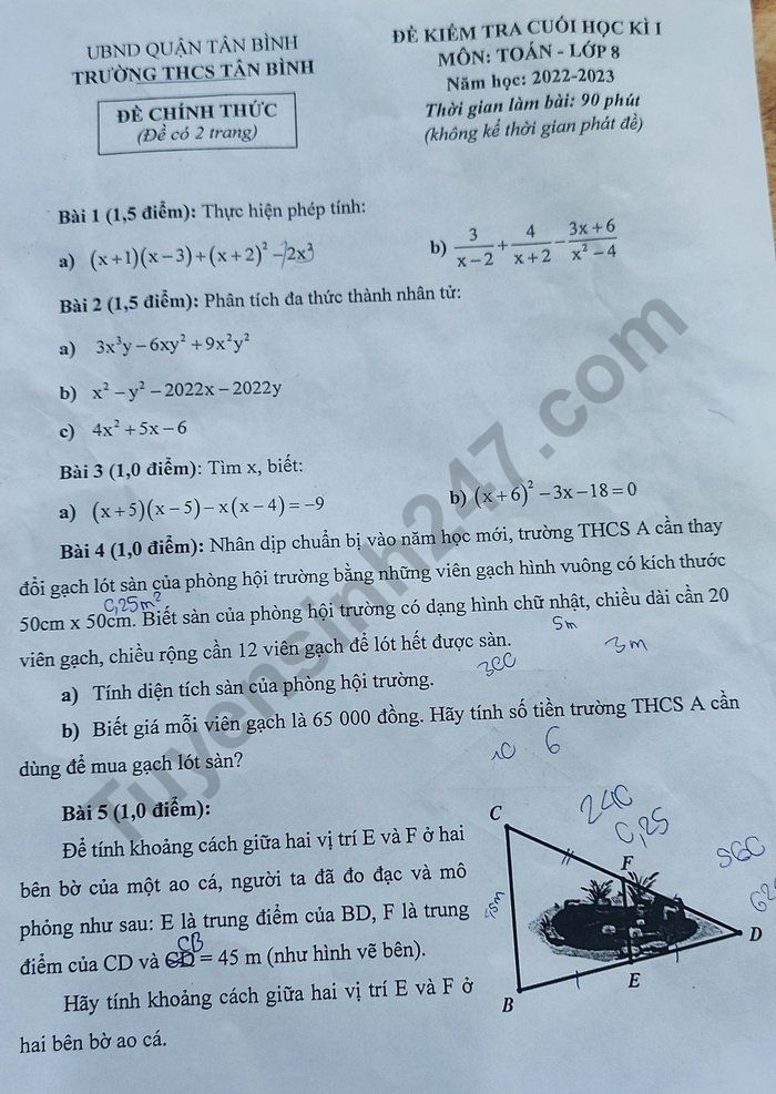 De thi hoc ki 1 lop 8 nam 2022 mon Toan - THCS Tan Binh