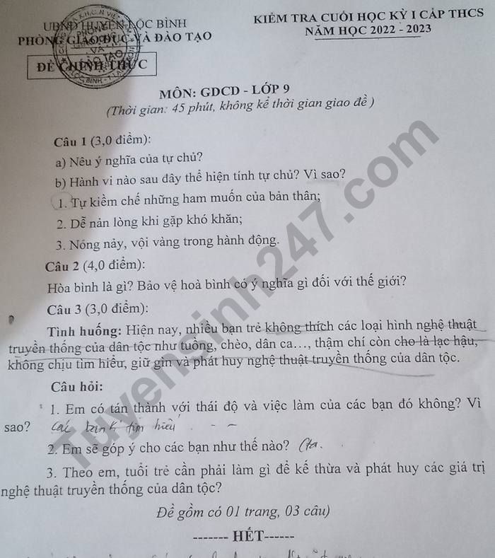 De thi HK 1 lop 9 mon GDCD nam 2022 - Phong GDDT Loc Binh