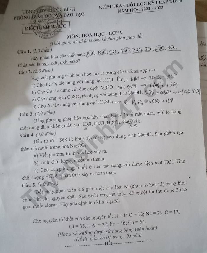 De thi ki 1 lop 9 mon Hoa nam 2022 - Phong GDDT Loc Binh
