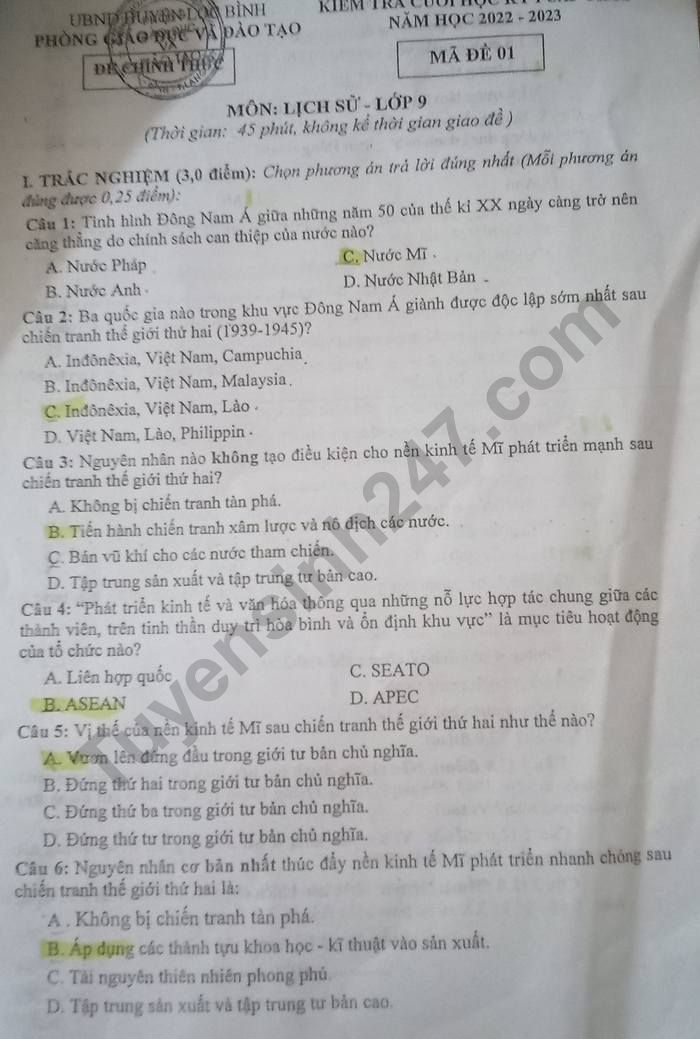 De thi ki 1 lop 9 mon Su nam 2022 -  Phong GDDT Loc Binh