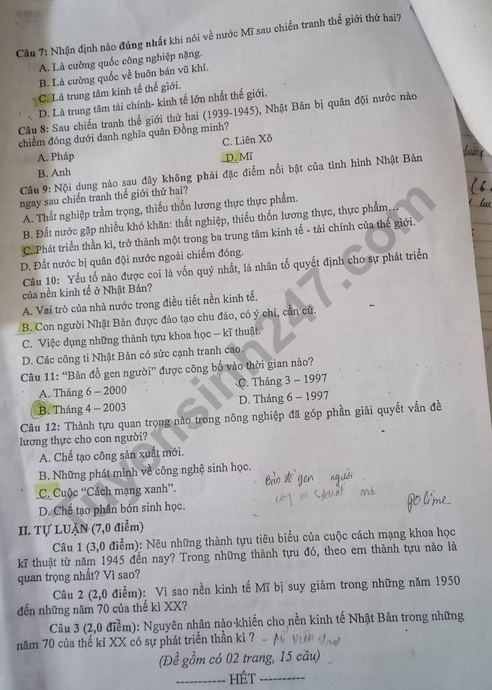 De thi ki 1 lop 9 mon Su nam 2022 -  Phong GDDT Loc Binh