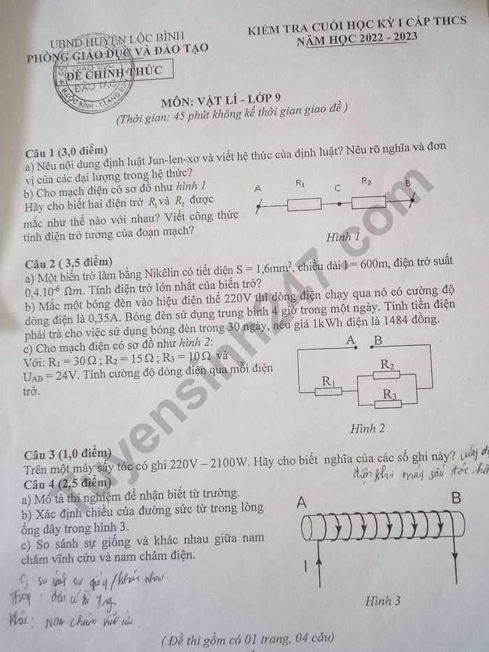 De thi cuoi ki 1 mon Ly lop 9 - Phong GDDT Loc Binh nam 2022