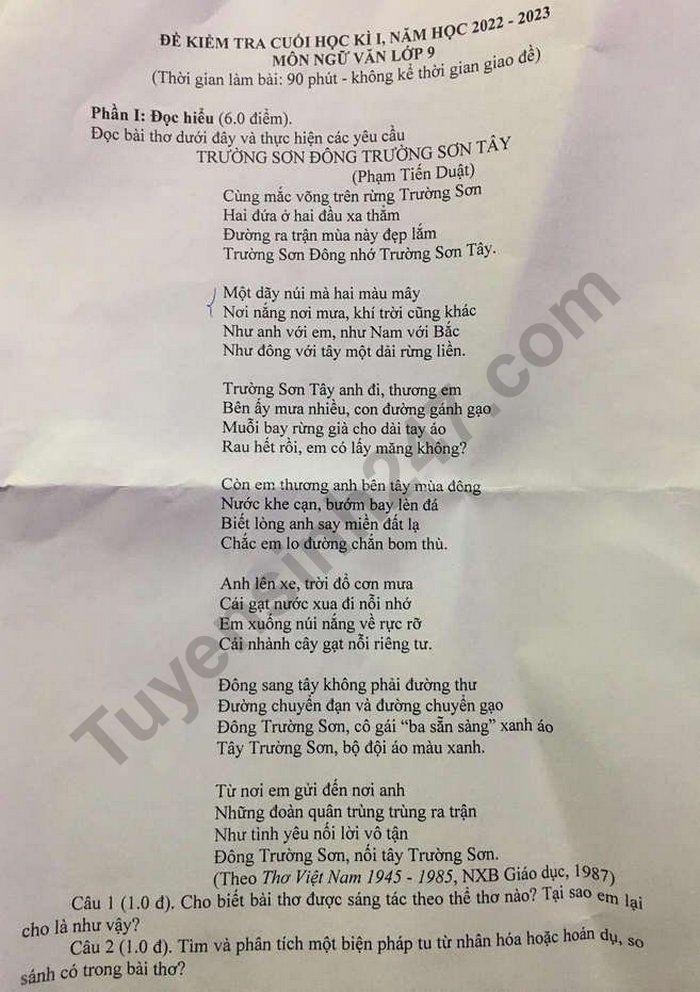 De thi hoc ki 1 lop 9 nam 2022 mon Van - Phong GD Hoai Duc