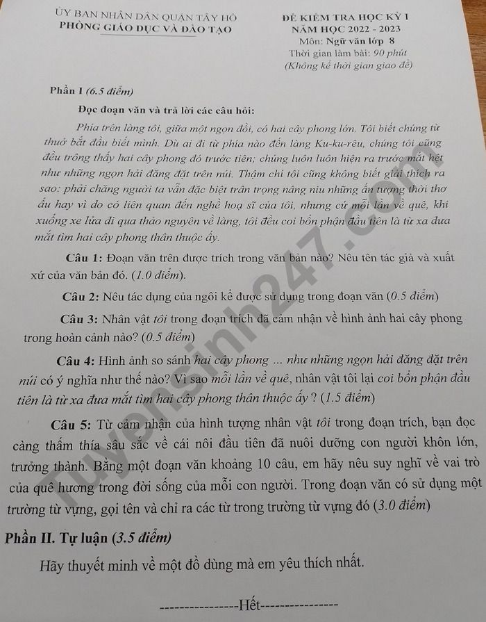De thi ki 1 lop 8 mon Van nam 2022 - 2023 Quan Tay Ho