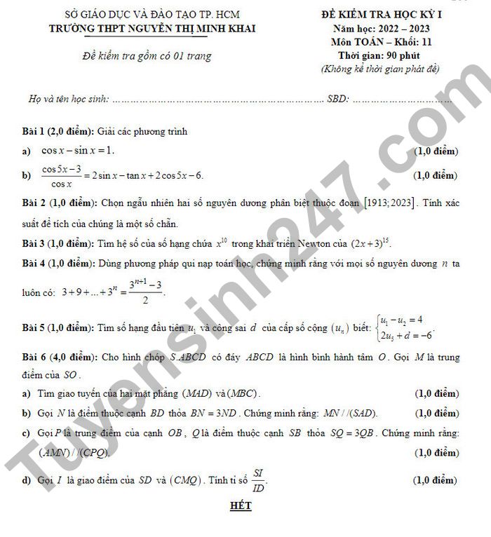 De thi HK 1 lop 11 nam 2022 mon Toan THPT Nguyen Thi Minh Khai (Co dap an)