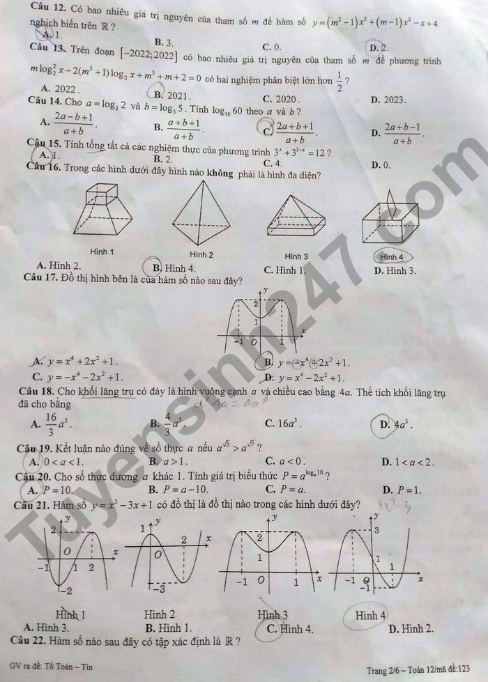 De thi ki 1 mon Toan lop 12 THPT Chuyen Nguyen Binh Khiem 2022