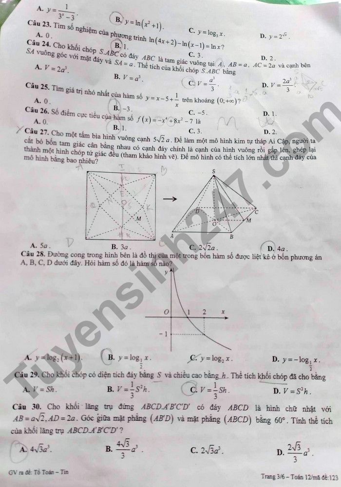 De thi ki 1 mon Toan lop 12 THPT Chuyen Nguyen Binh Khiem 2022