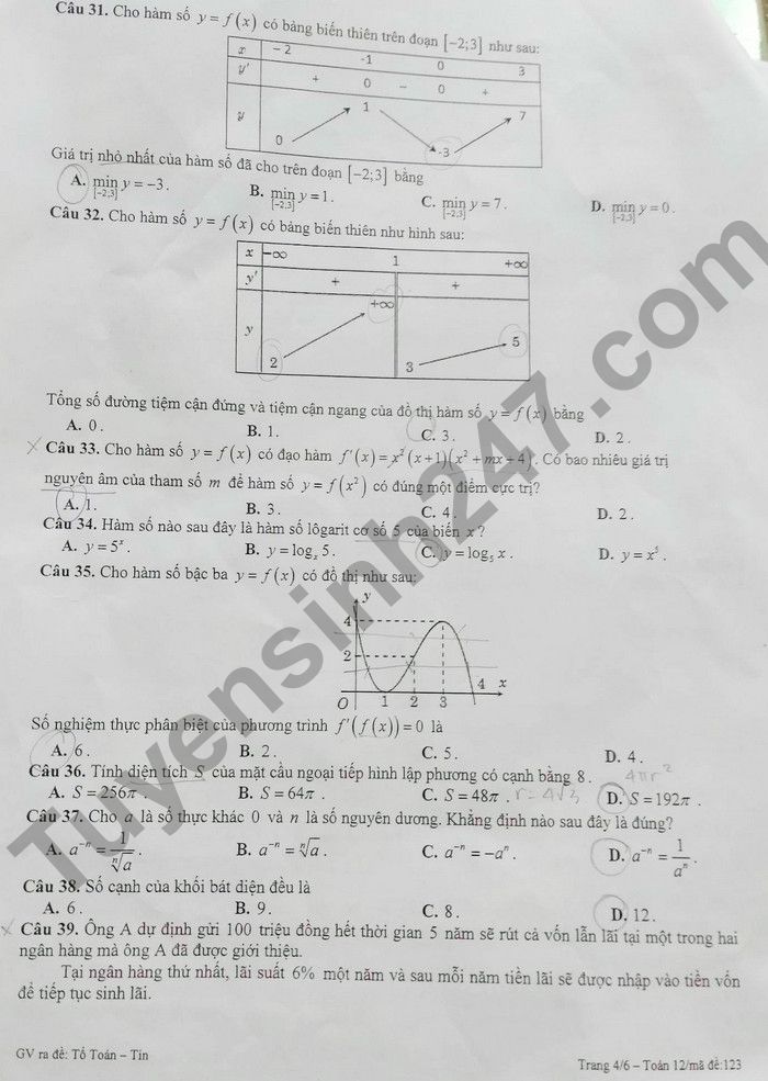 De thi ki 1 mon Toan lop 12 THPT Chuyen Nguyen Binh Khiem 2022