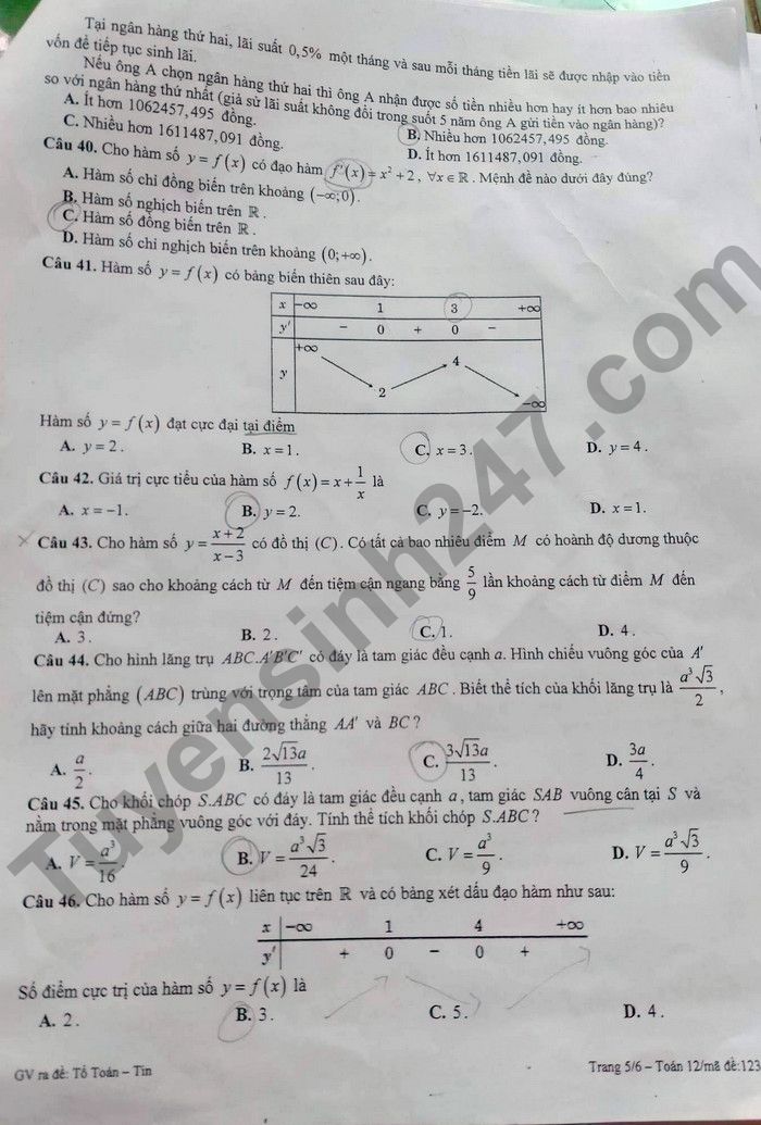 De thi ki 1 mon Toan lop 12 THPT Chuyen Nguyen Binh Khiem 2022