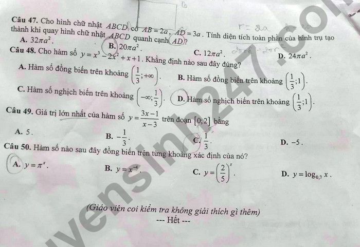 De thi ki 1 mon Toan lop 12 THPT Chuyen Nguyen Binh Khiem 2022