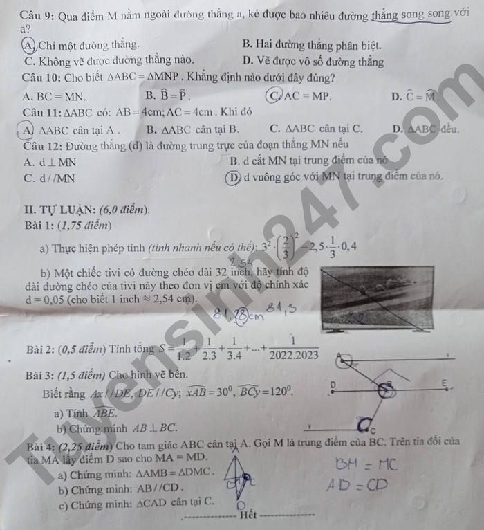 De thi cuoi ki 1 mon Toan lop 7 - TP Tam Ky 2022