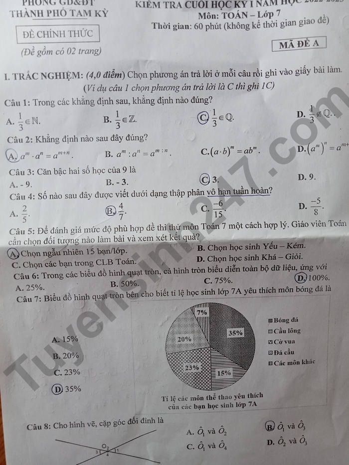 De thi cuoi ki 1 mon Toan lop 7 - TP Tam Ky 2022