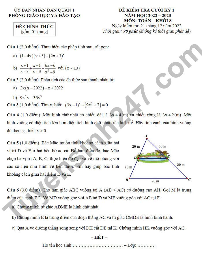 De thi cuoi ki 1 mon Toan lop 8 nam 2022 Quan 1