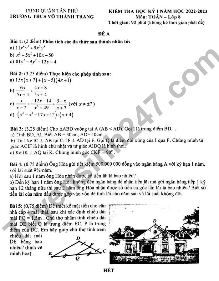 De thi hoc ki 1 mon Toan lop 8 - THCS Vo Thanh Trang 2022