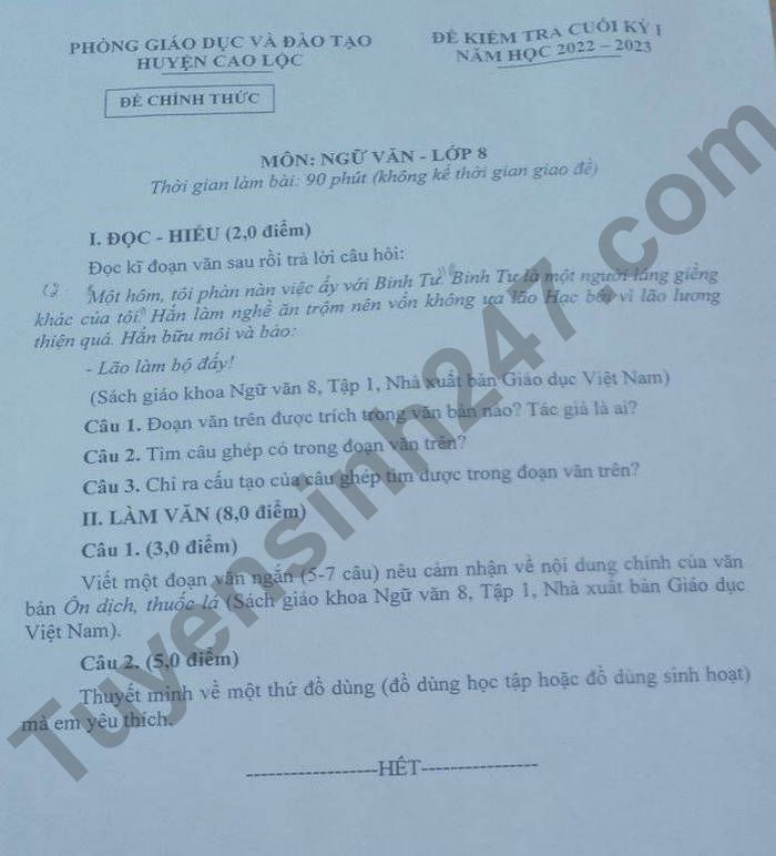 De kiem tra ki 1 Huyen Cao Loc mon Van lop 8 2022