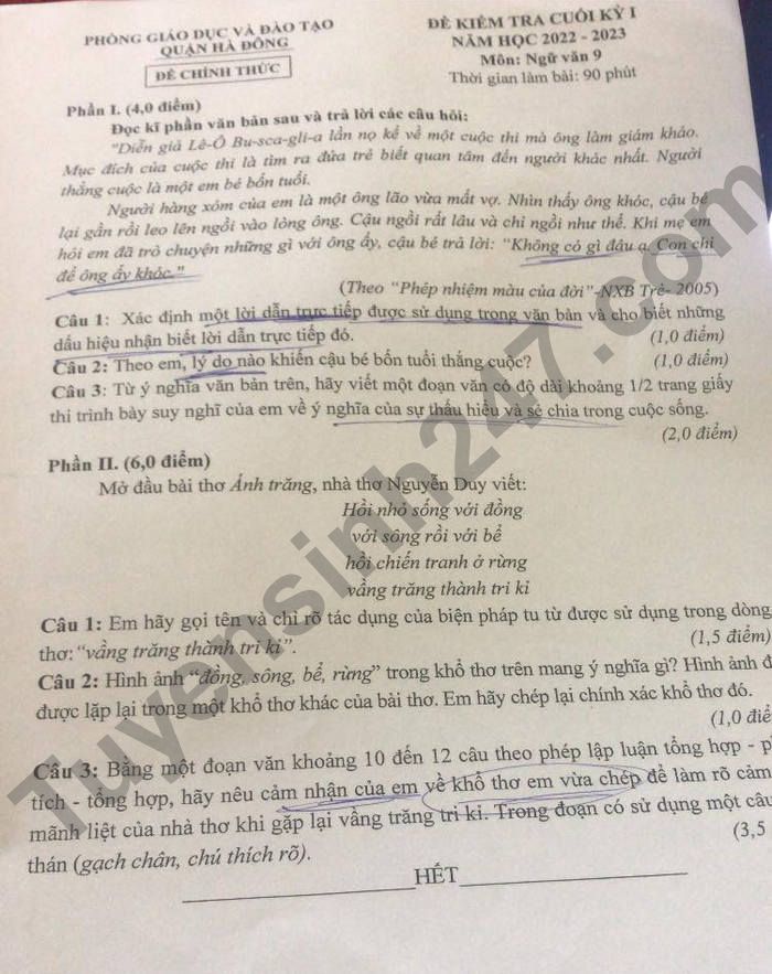 De thi cuoi ki 1 mon Van lop 9 Quan Ha Dong 2022