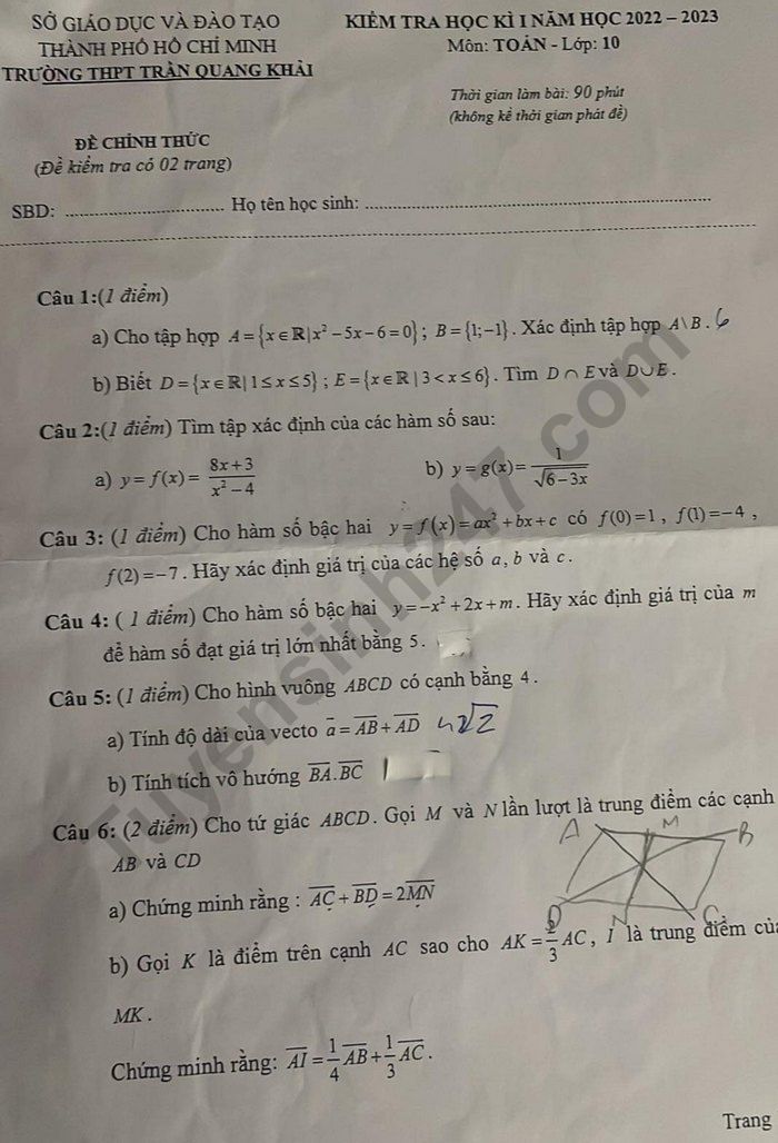 De thi cuoi ki 1 mon Toan lop 10 - THPT Tran Quang Khai nam 2022