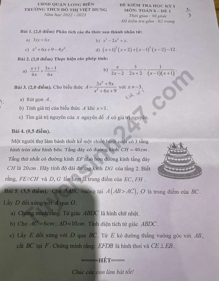 De thi ki 1 lop 8 mon Toan nam 2022 - THCS Do Thi Viet Hung