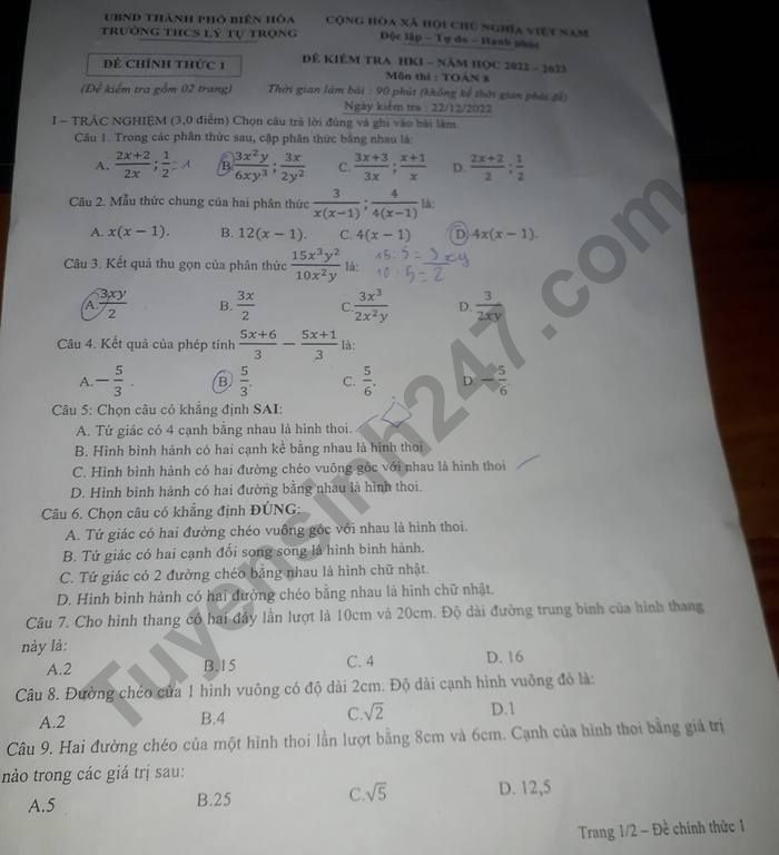De thi ki 1 lop 8 mon Toan nam 2022 - THCS Ly Tu Trong