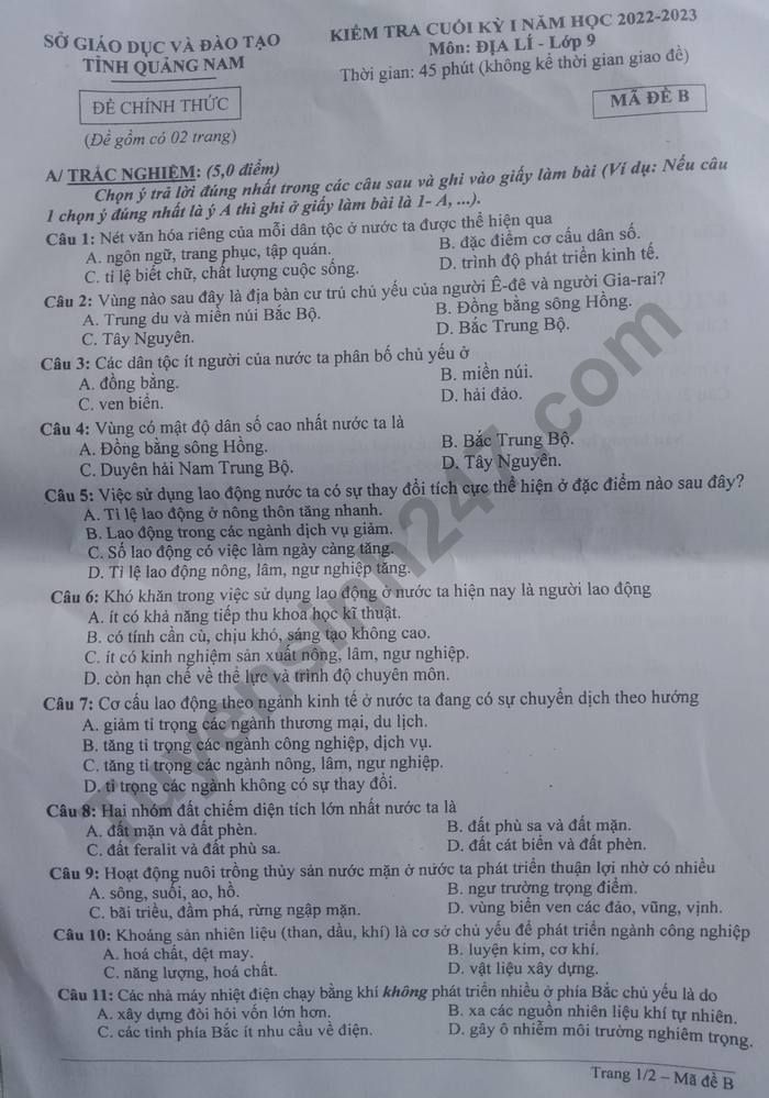 De thi ki 1 lop 9 mon Dia nam 2022 - So GDDT Tinh Quang Nam