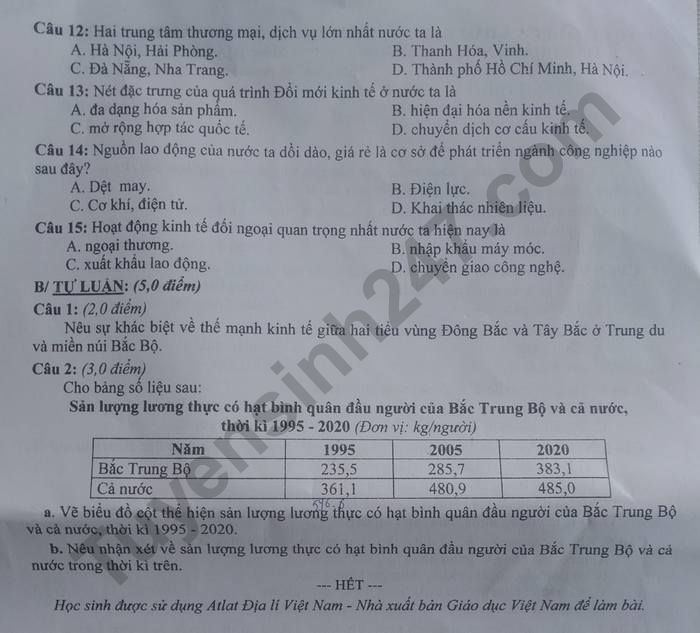 De thi ki 1 lop 9 mon Dia nam 2022 - So GDDT Tinh Quang Nam