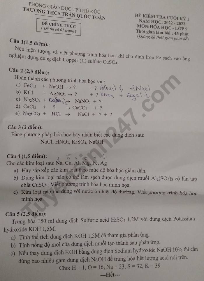 De thi hoc ki 1 lop 9 nam 2022 mon Hoa - THCS Tran Quoc Toan
