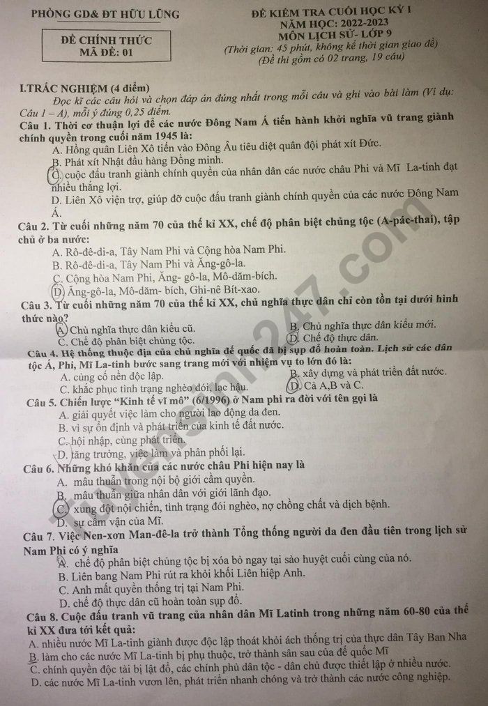 De thi cuoi ki 1 mon Su lop 9 - Phong GDDT Huu Lung nam 2022