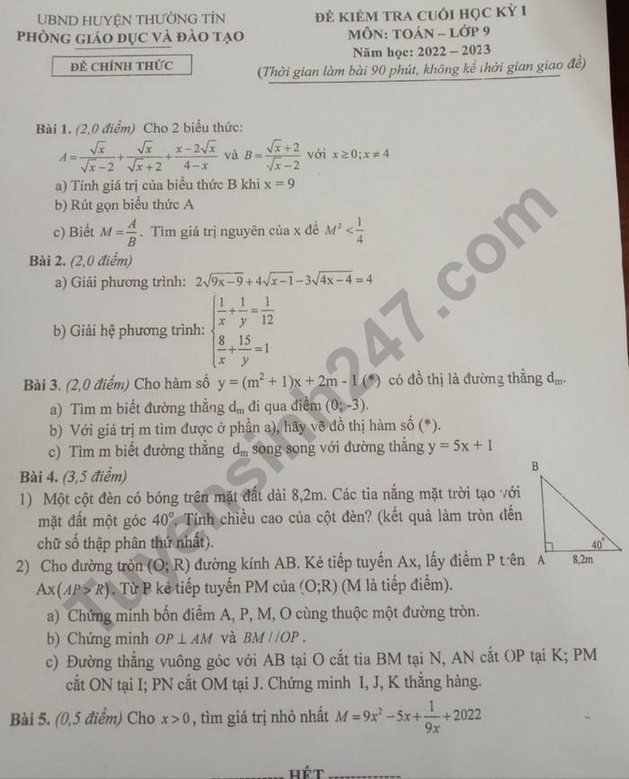 De thi HK 1 lop 9 mon Toan nam 2022 - Phong GDDT Huyen Thuong Tin