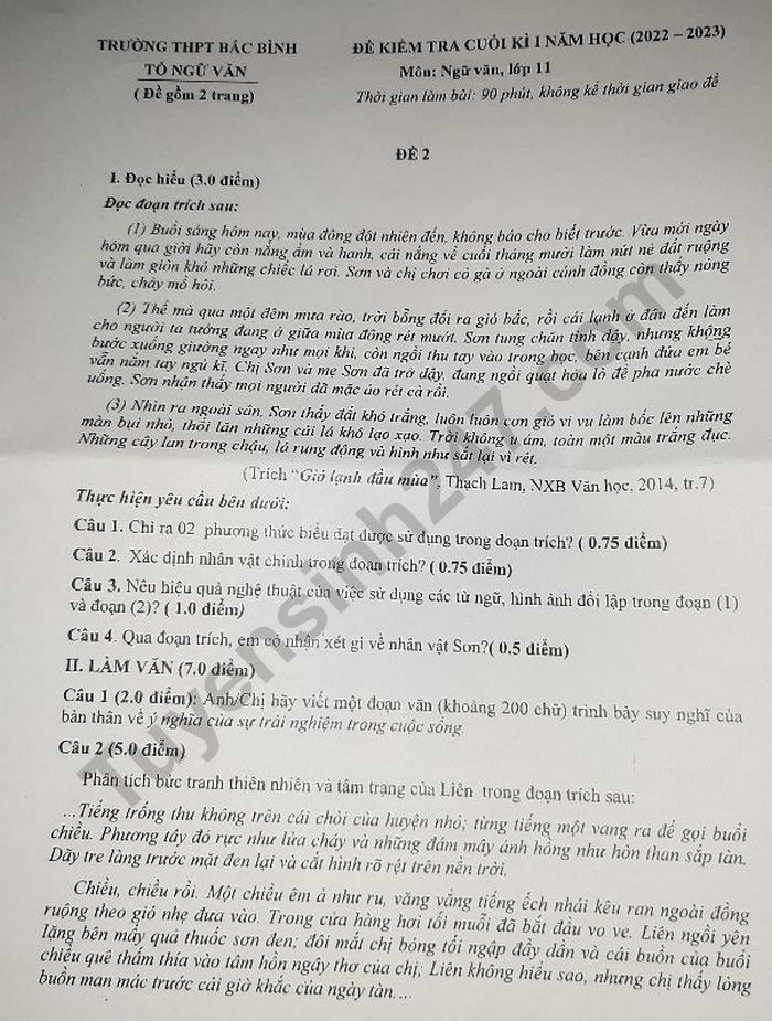 De thi ki 1 lop 11 mon Van nam 2022 - THPT Bac Binh