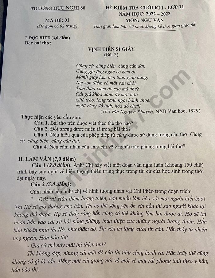 De thi hoc ki 1 mon Van lop 11 nam 2022 -  Huu Nghi 80