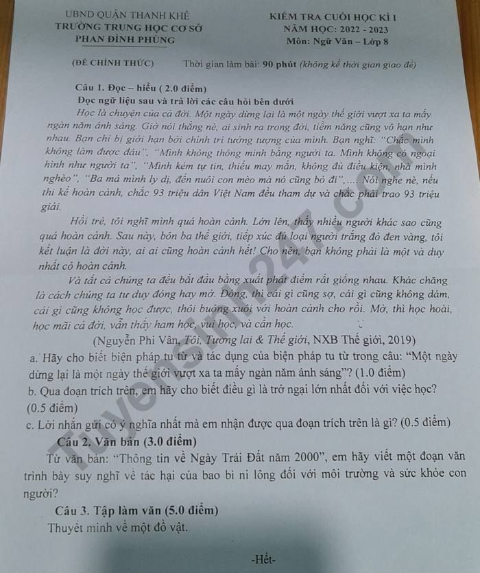 De thi HK 1 lop 8 mon Van nam 2022 - THCS Phan Dinh Phung